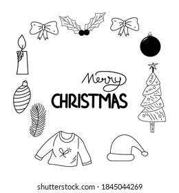 Set of Christmas design element in doodle. Christmas Holiday vector illustration