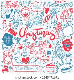 Set of Christmas design element in doodle style,Sketchy  hand drawn Doodle cartoon set of objects  on the Merry Christmas theme ,Each on a separate layer.