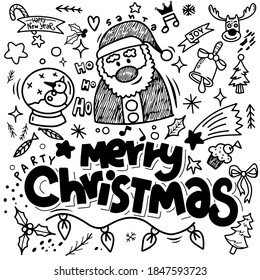 Set of Christmas design element in doodle style,Sketchy  hand drawn Doodle cartoon set of objects  on the Merry Christmas theme ,Each on a separate layer.