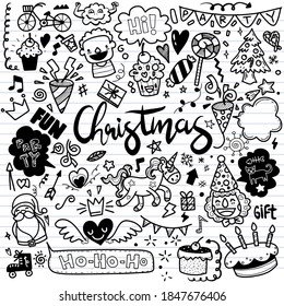Set of Christmas design element in doodle style,Sketchy  hand drawn Doodle cartoon set of objects  on the Merry Christmas theme ,Each on a separate layer.