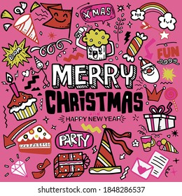Set of Christmas design element in doodle style,Sketchy  hand drawn Doodle cartoon set of objects  on the Merry Christmas theme ,Each on a separate layer.