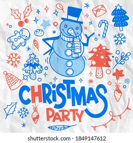 Set of Christmas design element in doodle style,Sketchy  hand drawn Doodle cartoon set of objects  on the Merry Christmas theme ,Each on a separate layer.