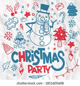 Set of Christmas design element in doodle style,Sketchy  hand drawn Doodle cartoon set of objects  on the Merry Christmas theme ,Each on a separate layer.