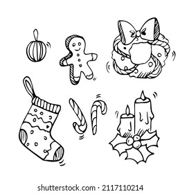 Set of Christmas design element in doodle style. Vector illustration, isolated elements