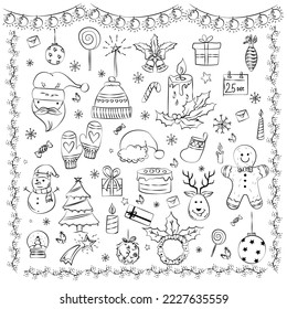 Set of Christmas design element in doodle style. Christmas design elements, vector. Xmas decorative items featuring Santa's sleigh, gifts, gingerbread man, deer, santa, holly tree leaves, snowman, 