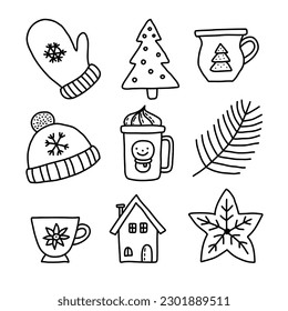 Conjunto de elementos de diseño navideño en estilo doodle