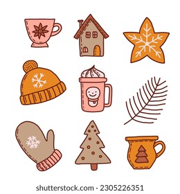 Set of Christmas design element in doodle style