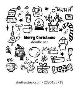 Conjunto de elementos de diseño navideño en estilo doodle
