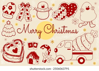 set of Christmas design element in doodle style, Merry Christmas and happy New Year festive vector collection. Different hand drawn doodle elements, Christmas tree, fireplace, cozy sweater, coquette 