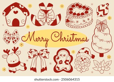 set of Christmas design element in doodle style, Merry Christmas and happy New Year festive vector collection. Different hand drawn doodle elements, Christmas tree, fireplace, cozy sweater, coquette 