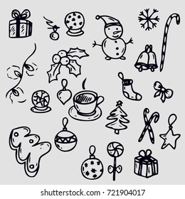set of Christmas design element in doodle style. Hand drawn elements