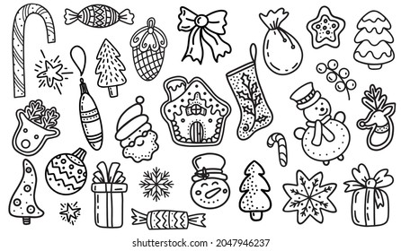 Conjunto de elementos de diseño navideño en estilo doodles. Ilustración vectorial dibujada por mano 