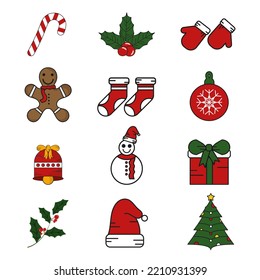 Set of christmas design element vector illustration,snowman,snowflake,tree,bells,dool,sock,hat,candy cane