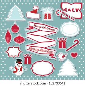 A set of Christmas design elements in blue, red and white, vector design