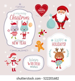 Set with Christmas design elements. Borders and frames with cute characters. Santa, snowman, deer and bunny. Banners and labels with text space. Happy Holidays.