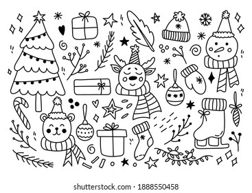 Set of Christmas design elements. Cute bear, deer, snowman in a hat. Christmas tree, gifts, twigs, toys, socks, snowflakes, stars and garlands. Vector hand-drawn illustration in doodle style. 