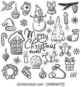 Set of christmas design elements in doodle style isolated on white background
