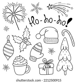 A set of Christmas design elements in the doodle style. Hand-drawn doodle vector illustration. A set with inscriptions, fir branches,decorations, sweets, gift boxes for labels, postcards, invitations.