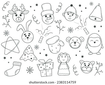 Set Christmas design elements in doodle style