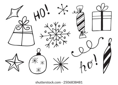Set of Christmas design elements in doodle style. Vector.