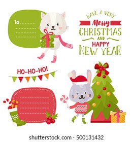 Set with Christmas design elements. Frames and labels with text space. Cute cat and bunny character with X-mas gifts. Have a very Merry Christmas and Happy New Year text message.