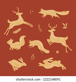 Set of christmas design elements, golden silhouettes of animals.