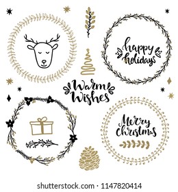 Set of christmas design elements and hand written lettering about christmas and winter holidays and collection of floral wreaths
