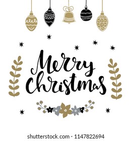 Set of christmas design elements and hand written lettering about christmas and winter holidays. Merry christmas hand written lettring words