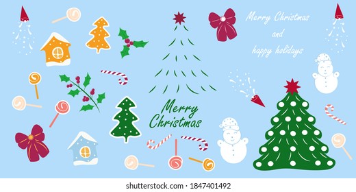 a set of Christmas design elements. Isolated objects. Christmas trees, gingerbread, bows, snowmen, candy, house, Christmas plants - vector illustration, eps