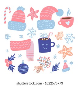 Set of Christmas design elements. Knitted hats, gingerbread , mistletoe, gifts, cup of hot cocoa, baubles. Happy holidays flat objects. Hand-drawn flat vector illustration