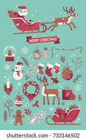 Set of Christmas design elements in limited colors. Vector graphics on Xmas in turquoise, white and burgundy colors scheme. Ideal for winter holidays season poster, banner, flyer, greeting card design