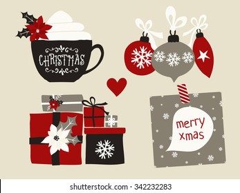 A set of Christmas design elements and objects - a cup with Christmas message, Christmas baubles, presents and a note with "Merry Xmas" message.