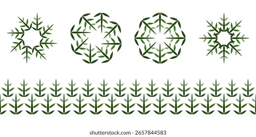 Conjunto de elementos de design de natal. Borda perfeita e flocos de neve. Padrão ornamentado de inverno de estrelas. Ornamento bonito de inverno de flocos de neve verdes e árvores de Natal sobre fundo branco