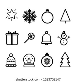 Set of Christmas design elements, star,snowflake, snow globe, gift, candy, bell, snowman, tree, hat, bauble flat vector icons isolated on a white background.