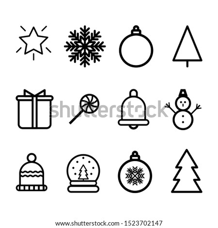 Set of Christmas design elements, star,snowflake, snow globe, gift, candy, bell, snowman, tree, hat, bauble flat vector icons isolated on a white background.