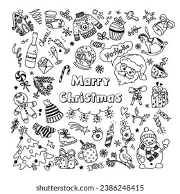 Set of Christmas design fun doodle elements. Vector hand drawn 