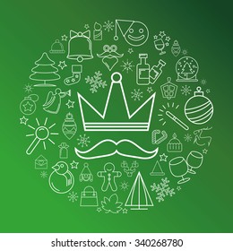 A set of Christmas design icons, green background