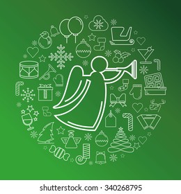 A set of Christmas design icons, green background