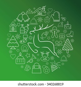 A set of Christmas design icons, green background