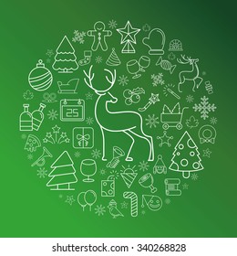 A set of Christmas design icons, green background