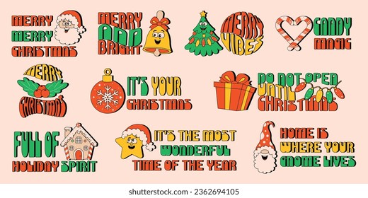 Set of Christmas design in retro style. Great 70's style Christmas print set. Retro Christmas graphics. Vector illustration.