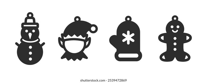 Set of Christmas designs for earrings, pendant or keychain with snowman, elf, mitten and gingerbread man. Jewelry silhouette cut template. Laser cutting with leather, wood or metal. Vector stencils