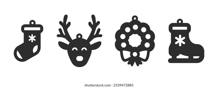 Set of Christmas designs for earrings, pendant or keychain with sock, reindeer, wreath and ice skates. Jewelry silhouette cut template. Laser cutting with leather, wood or metal. Vector stencils