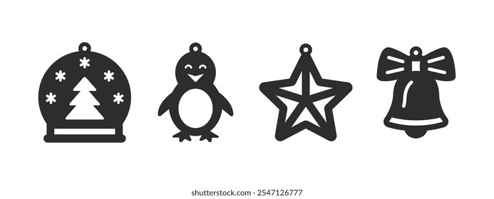 Set of Christmas designs for earrings, pendant or keychain with penguin, snow ball, star and bell. Jewelry laser cut template with leather, wood or metal. Vector stencils