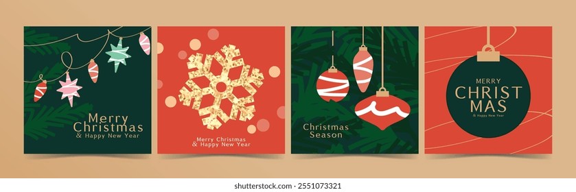 Set of Christmas designs with festive elements like stars, ornaments, snowflakes, and tree branches in a flat, modern style. Ideal for seasonal greetings, holiday promotions, and social media posts.