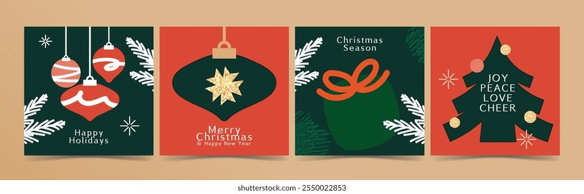 Conjunto de diseños navideños con un estilo minimalista plano, con adornos, árboles de Navidad, cajas de regalo y decoraciones de temporada. Perfecto para saludos de vacaciones, redes sociales o promociones festivas.