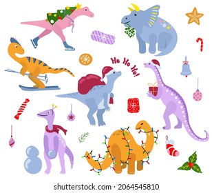 Set of Christmas dinosaurs. Hand-drawn style. White background, isolate. Vector illustration.
