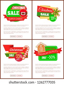 Set of Christmas discount web icons. Sale from 25 to 55 percents and super choice. Price tags with cookies of house and candy, snowflake and belt vector