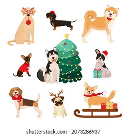 A set of Christmas dogs on a white background. Vector illustration. Cartoon style.
