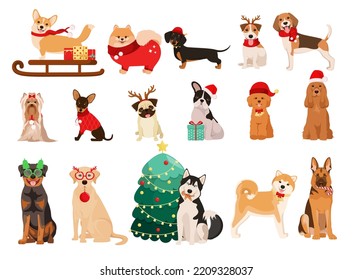 A set of Christmas dogs on a white background. Cartoon design.
